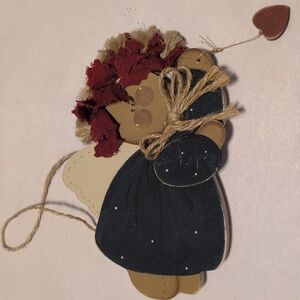 Handcrafted Vintage Wooden Angel Ornament with Red Heart Accent Americana
